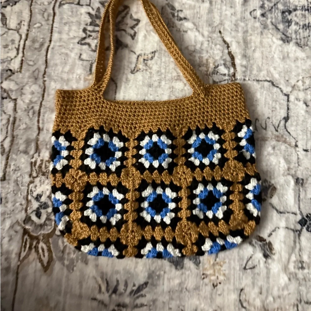 Handcrafted Crochet Tote Bag - Brown and Blue